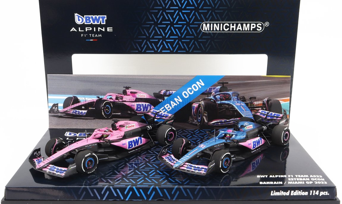 Alpine A523 BWT Alpine F1 Team No. 31 Esteban Ocon 8th Miami GP 2023 + No. 31 Bahrain GP 2023 Minichamps 1:43 scale model