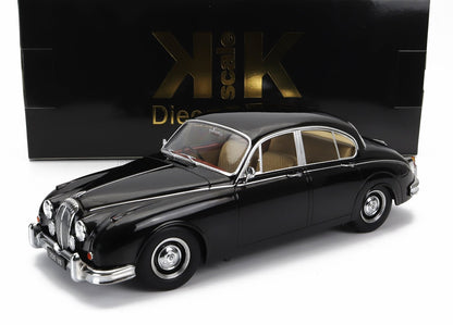 Black classic Jaguar 250 V8 model car with beige interior on white background, available via Vroomi