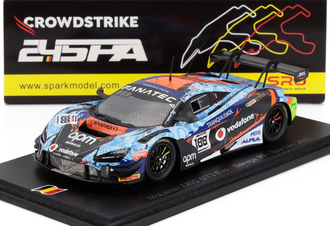 SPARK-MODEL - 1/43 - McLAREN - 720S GT3 EVO TEAM GARAGE59 N 188 24h SPA 2023 L.PRETTE - M.RAMOS - C.GRUNEWALD - H.CHAVES - LIGHT BLUE ORANGE