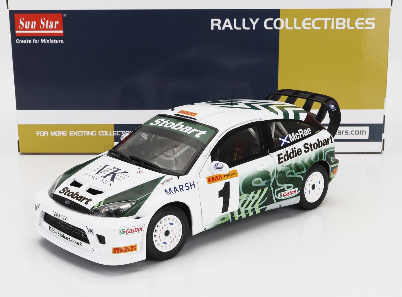 1/18 scale Ford Focus WRC rally model car, Stobart livery, available at Vroomi