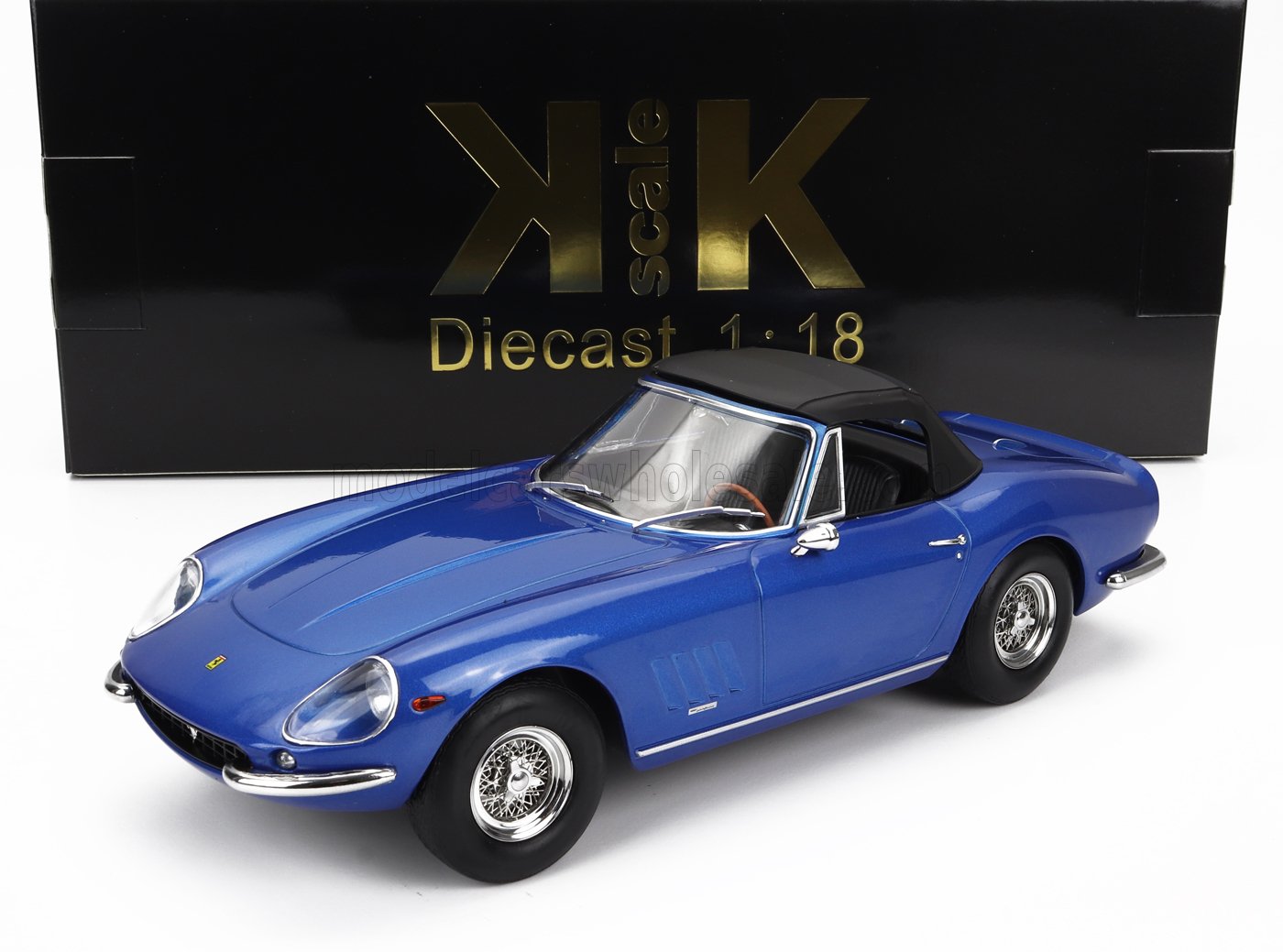 Blue 1:18 scale diecast classic convertible model car with black roof, available on Vroomi