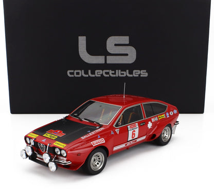 Red Alfa Romeo rally car model with sponsor decals in front of LS Collectibles box, available on Vroomi