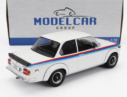 White BMW 2002 Turbo scale model car with blue and red stripes, displayed in front of Model Car Group box, available at Vroomi