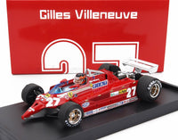 Modellino in scala Gilles Villeneuve rosso, in scala 1:18, esposto con branding Vroomi e pneumatici Goodyear.