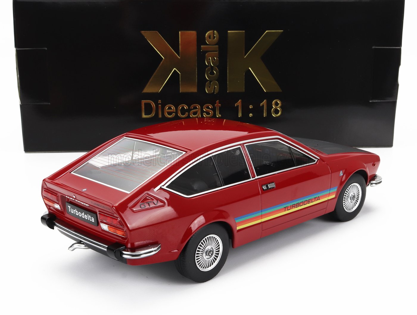 1:18 scale red Alfa Romeo GTV Turbodelta diecast model with racing stripes, offered on Vroomi
