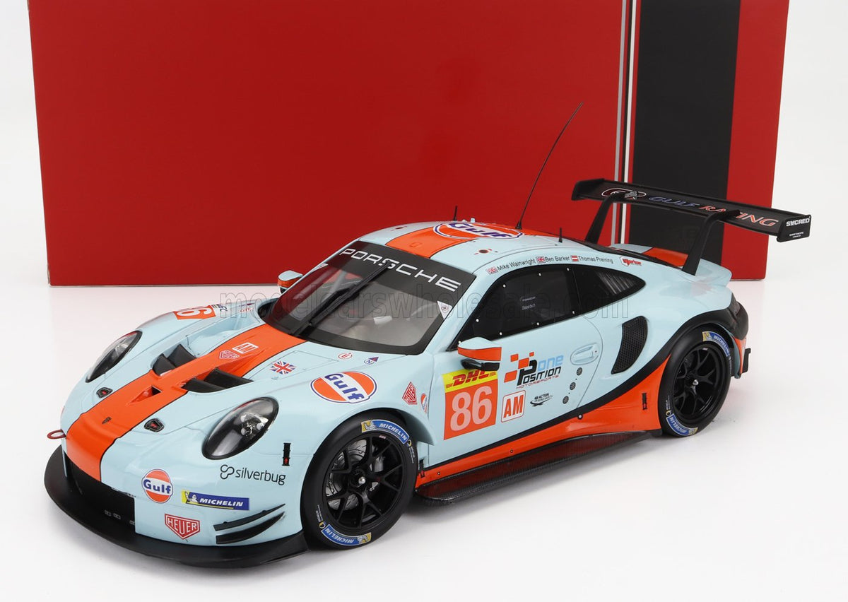 Porsche 911 991 RSR 4.0L Gulf Racing No. 86 Michael Wainwright Ben Barker Thomas Preining WEC LMGTE Sebring 2019 IXO Models 1:18 scale model