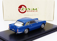 Blue vintage model car on display stand with ESVAl Models box in background, offered via Vroomi