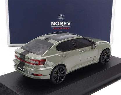 Polestar 2 model car in matte green with black stripe on a display stand by Norev Collectors, available on Vroomi