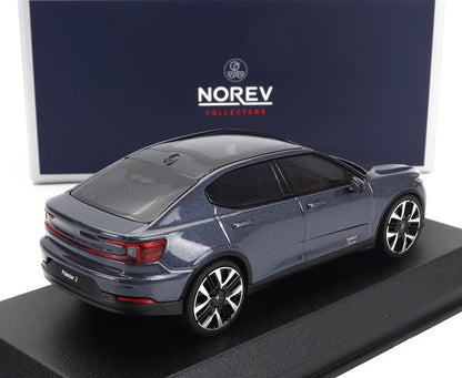 Detailed diecast model of a dark blue Polestar 2 car on a display stand, featured by Norev Collectors and available on Vroomi