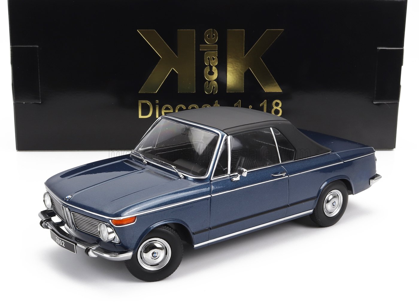 Diecast 1:18 scale blue BMW 2002 model car with black roof, showcased with KK Scale packaging, available on Vroomi