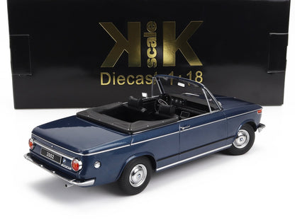 Blue 1:18 scale BMW 2002 convertible diecast model with black interior, presented with branded packaging, available on Vroomi