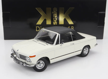 1:18 scale white BMW 1600-2 classic model car with black soft top, available through Vroomi