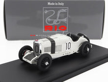 White vintage race car model number 10 on black base with Rio logo and Italian origin, available via Vroomi