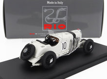 White vintage racing model car with number 10 on black display, available via Vroomi