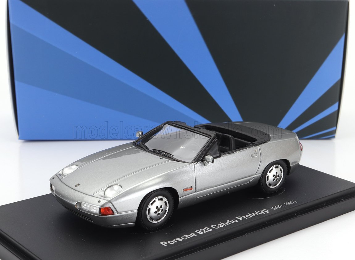 Silver Porsche 928 Cabrio Prototype model car on display stand, available at Vroomi