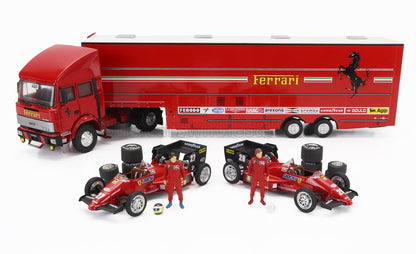 IVECO FIAT - FIAT IVECO 190 TRUCK CAR TRANSPORTER MONACO GP 1984 WITH 2X F1 FERRARI 126CK TURBO N 27 MICHELE ALBORETO - N 28 RENE ARNOUX + FIGURES AND ACCESSORIES - RED