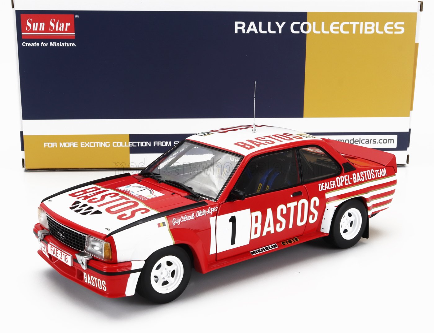 1/18 scale Bastos Opel rally car die-cast model, available for collectors on Vroomi