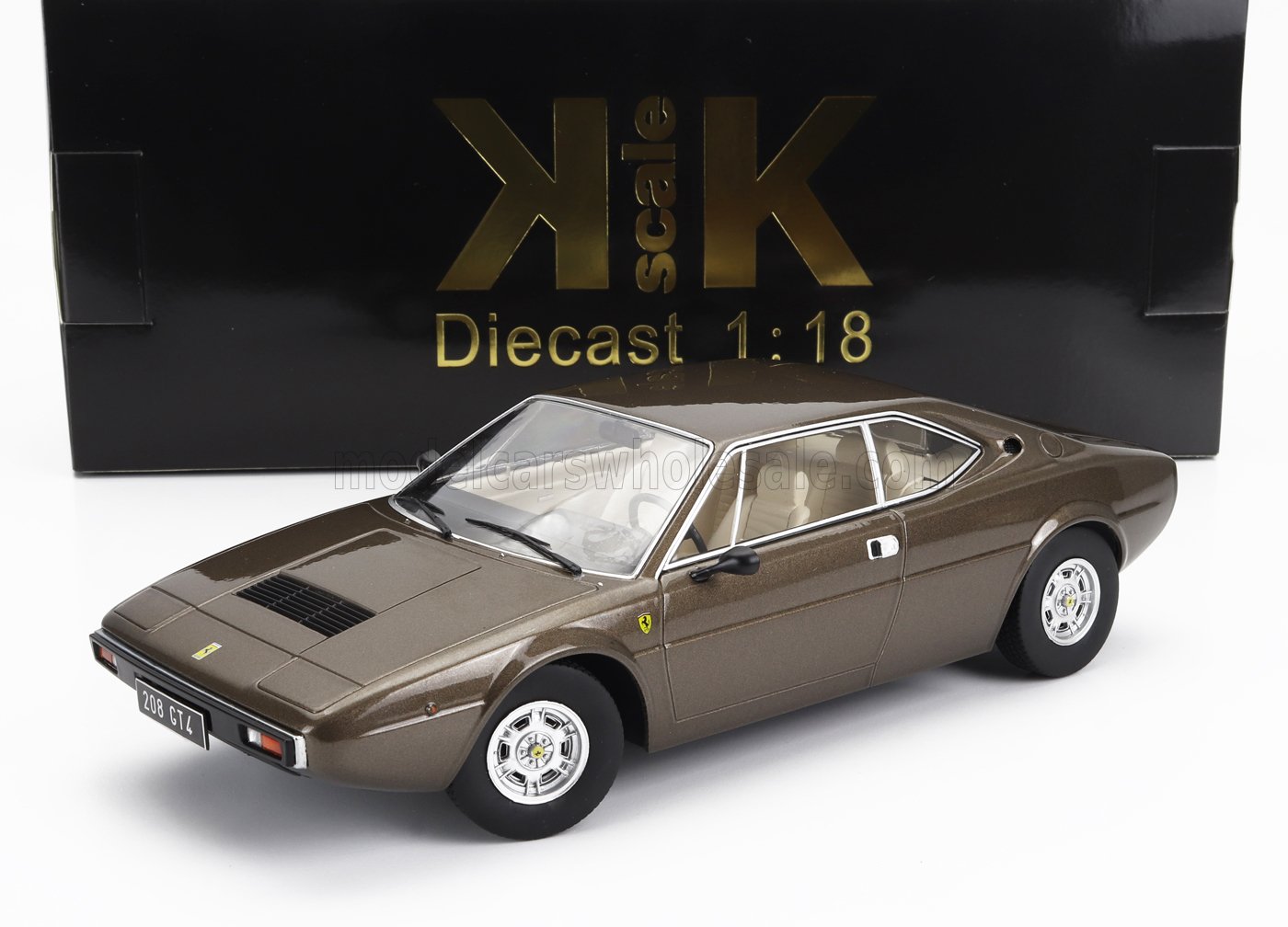 Brown 1:18 scale diecast Ferrari 208 GT4 model car with beige interior, sold through Vroomi