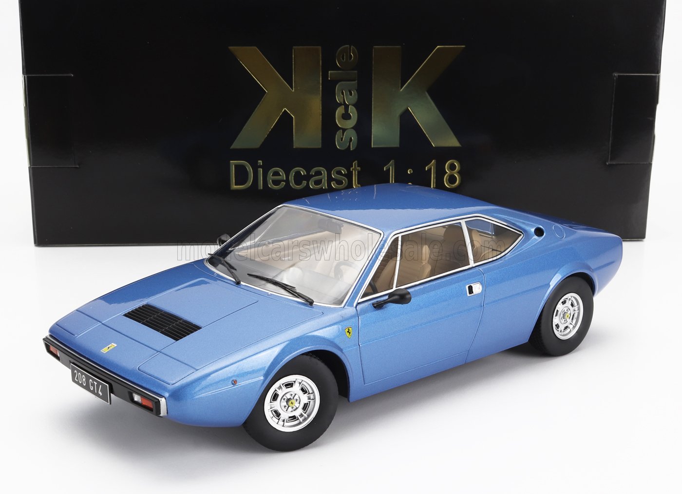 Blue 1:18 diecast Ferrari 208 GT4 model car displayed with KK Scale black packaging, available via Vroomi