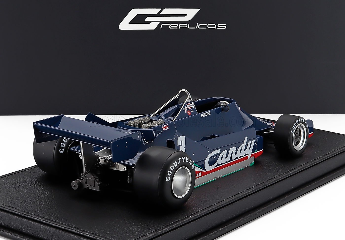 Detailed die-cast blue Formula 1 model car with Candy livery, available online at Vroomi.
