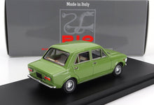 Green classic 4-door model car on black display stand with grey PiQ Italy box, offered on Vroomi