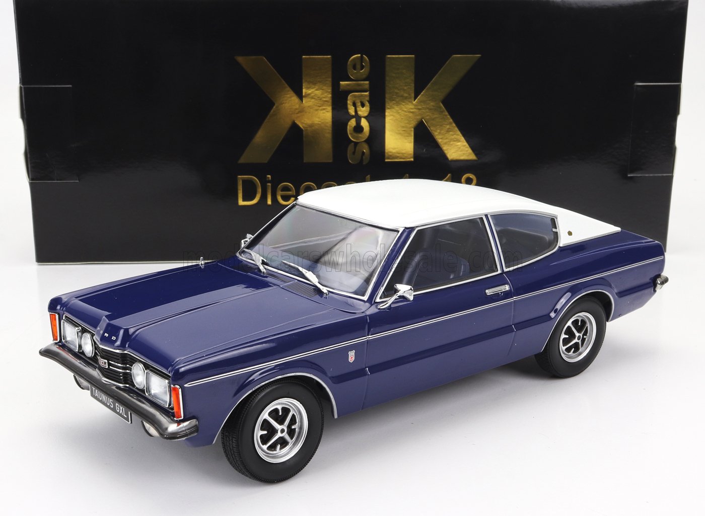 Blue and white Ford Taunus GXL diecast model car 1:18 scale available on Vroomi