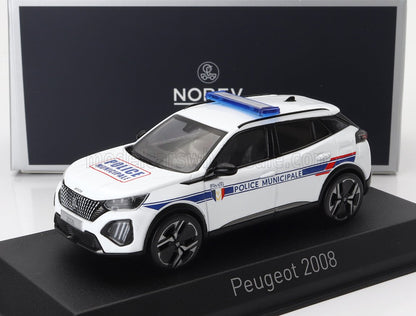White Peugeot 2008 Police Municipale model car with blue light bar, displayed on black base, available on Vroomi