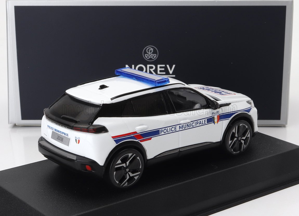 Norev 1:43 scale model of white Police Municipale Peugeot 2008 SUV with blue lights, offered on Vroomi