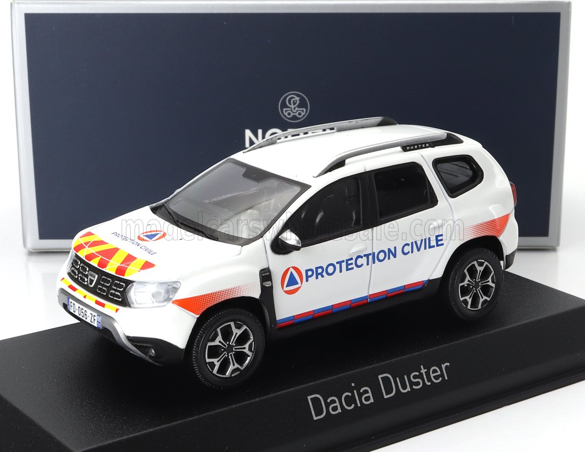 White Dacia Duster model with Protection Civile decals, detailed emergency SUV model, offered on Vroomi