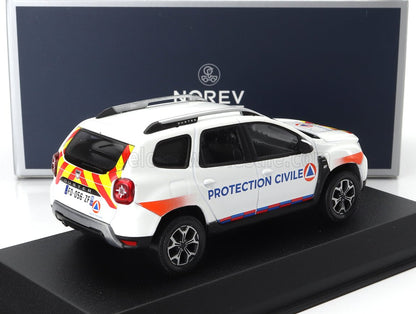 White Dacia Duster Protection Civile model car by Norev, displayed on black stand, offered on Vroomi