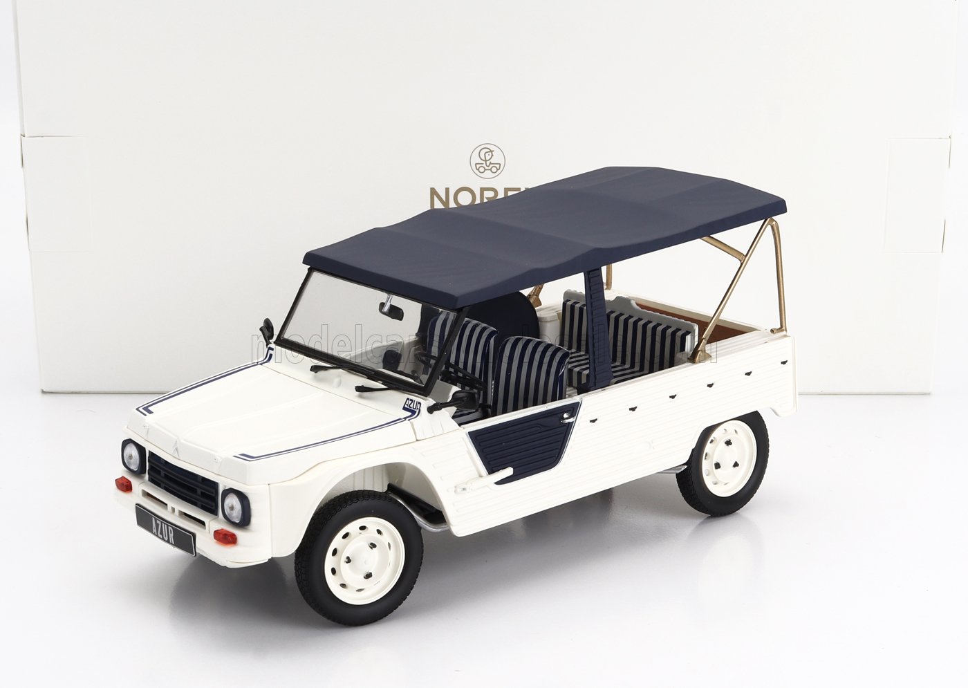 White Citroën Méhari model with navy blue roof and striped seats, available on Vroomi platform