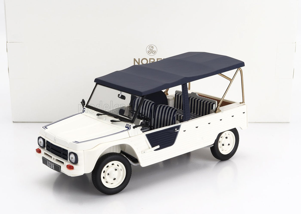 White and navy Citroën AZUR scale model car with striped seats, showcased by Vroomi for collectors.