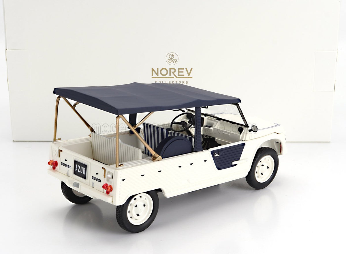 White Citroën AZUR scale model car with navy canopy, showcased by Vroomi for collectors.