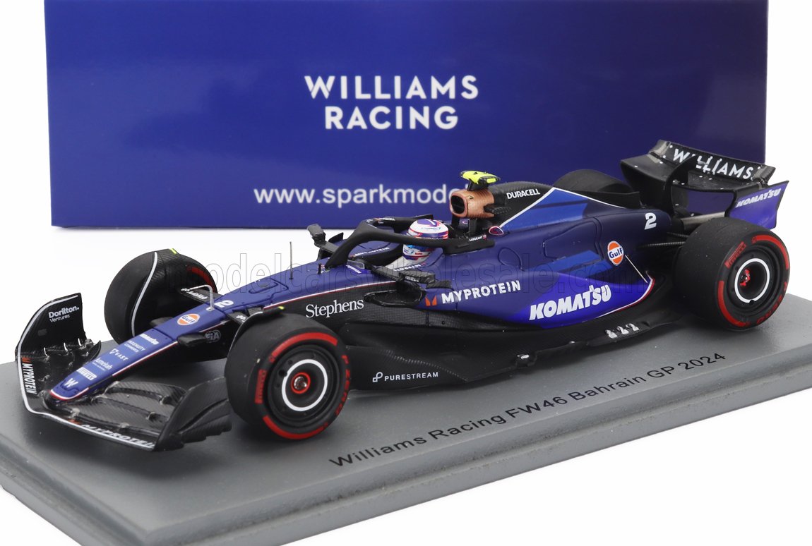 Williams Racing FW46 2024 Bahrain GP model car in blue and black, showcased with branding and displayed on stand, available through Vroomi