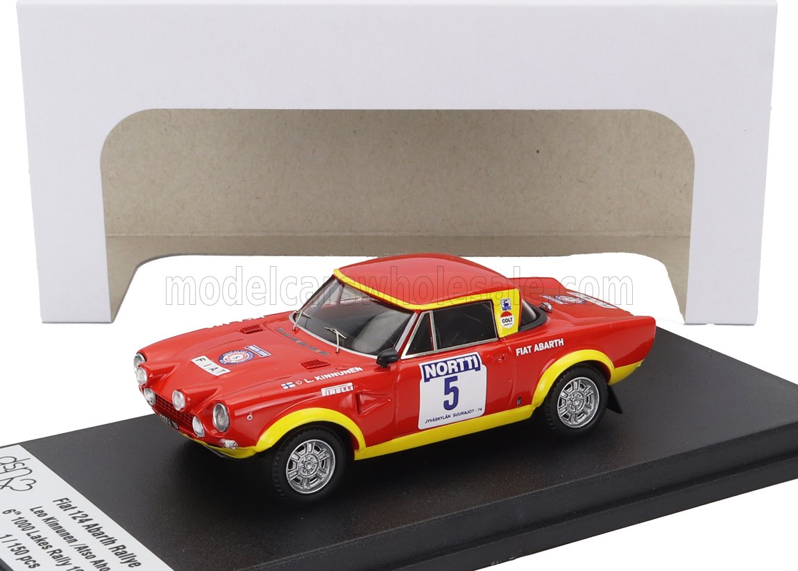 Modellino in scala Fiat 124 Abarth rally rosso e giallo, su base nera — Vroomi