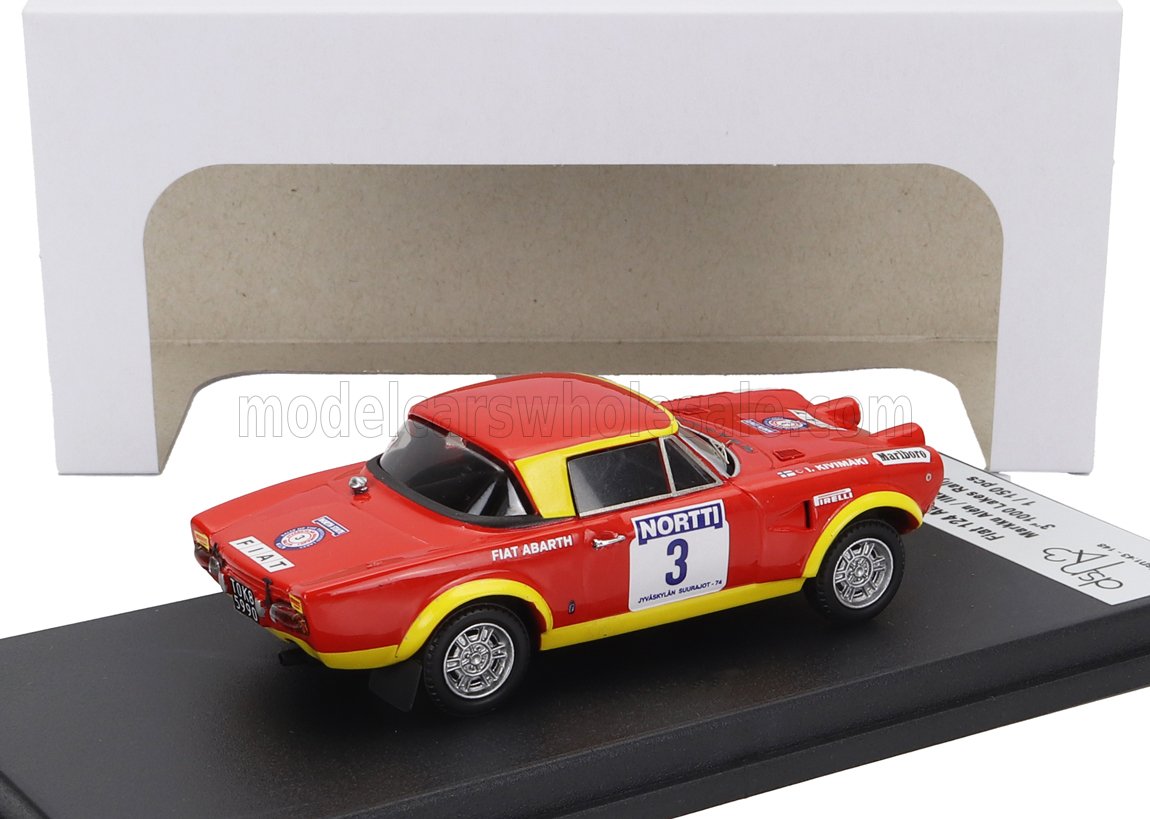 Modellino in scala Fiat Abarth 124 Rally rosso e giallo con livrea Nortti N 3, su base nera — Vroomi