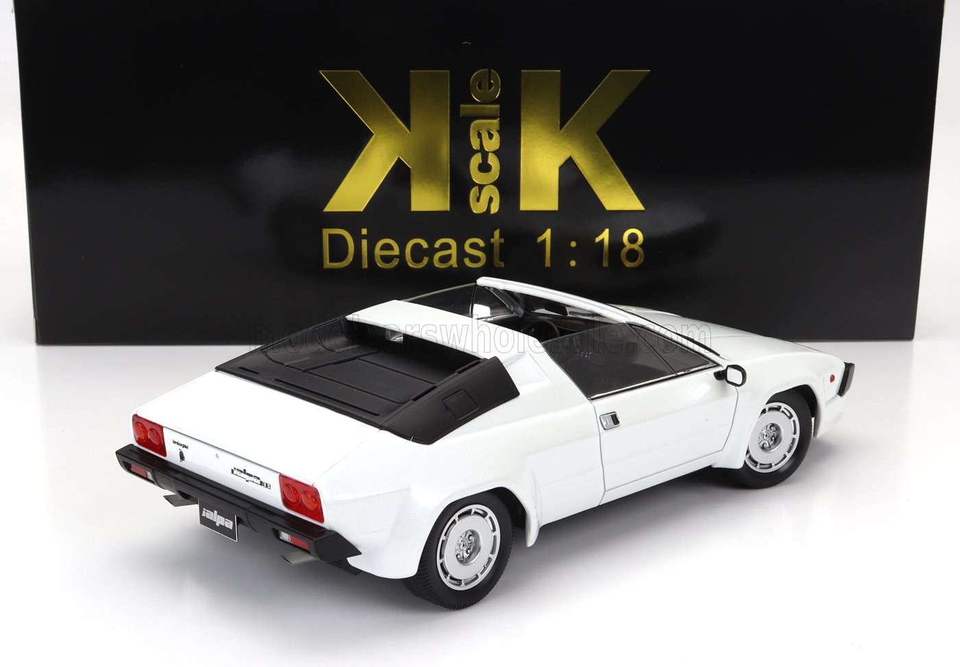 White 1:18 scale diecast Lamborghini model car with black roof details, available on Vroomi