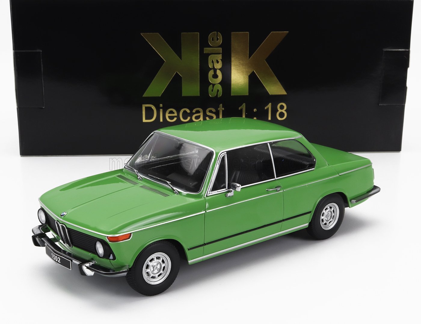 Green BMW 1502 diecast model car 1:18 scale with black KK Scale box, available on Vroomi