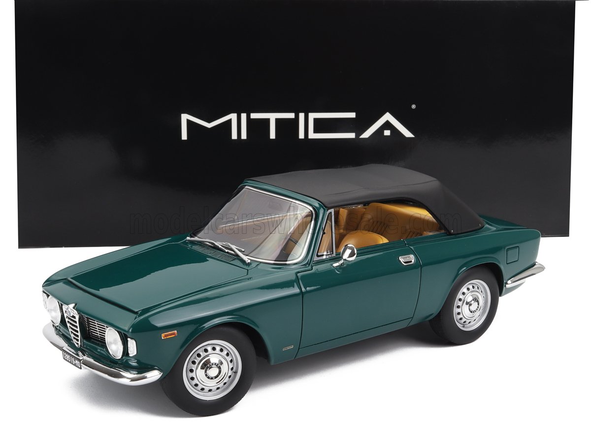 Mitica classic green convertible model car with black roof and tan interior available on Vroomi