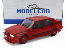 Red 1/18 scale Alfa Romeo 75 Evoluzione model car die-cast replica with Model Car Group packaging available through Vroomi