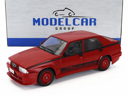 Red 1/18 scale Alfa Romeo 75 Evoluzione model car die-cast replica with Model Car Group packaging available through Vroomi