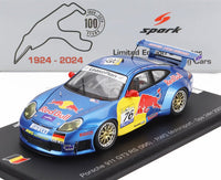 Voiture miniature Porsche 911 GT3 RS (996) bleue avec livrée Red Bull, présentée par Vroomi pour collectionneurs.