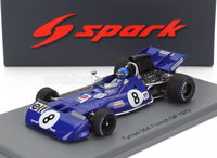 Coche a escala Tyrrell 004 azul, GP de Francia 1972, de Spark, sobre peana Vroomi con calcomanías Goodyear y Elf