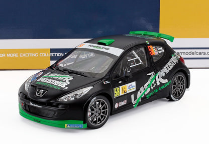 1/18 scale Peugeot rally car model with Laser Industries livery, collectible and in stock at Vroomi