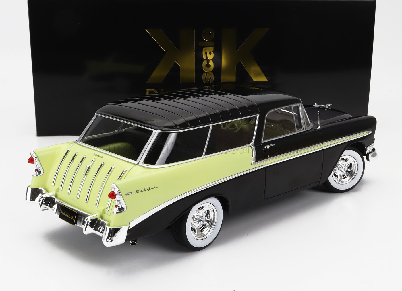 Black and lime green 1955 Chevrolet Bel Air diecast model car with chrome details, wheels, and whitewall tires available on Vroomi