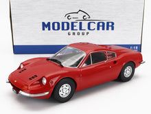 Red 1:18 scale die-cast Dino model car replica in front of Model Car Group box, available at Vroomi
