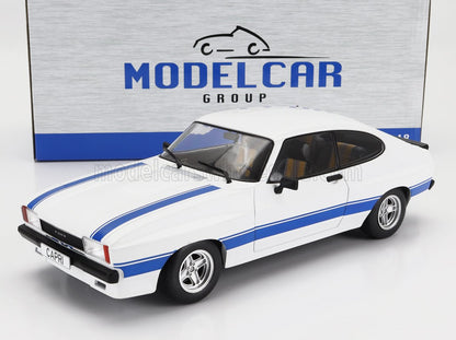 White Ford Capri model car with blue racing stripes, displayed with Model Car Group box, available at Vroomi