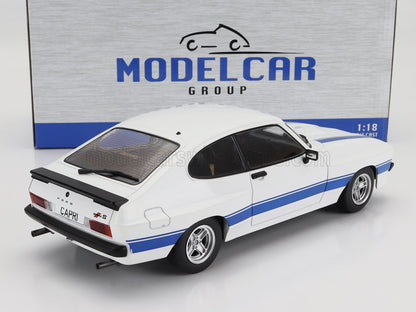 White Ford Capri RS 3.0 1:18 scale diecast model car with blue stripes, available at Vroomi