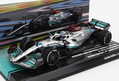 Mercedes-AMG Petronas Formula 1 car model of George Russell's W13 with sponsor logos, displayed on stand, available on Vroomi