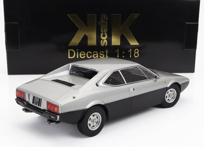 1:18 scale silver and black Ferrari 308 GT4 diecast model car displayed with KK Scale packaging, also offered on Vroomi